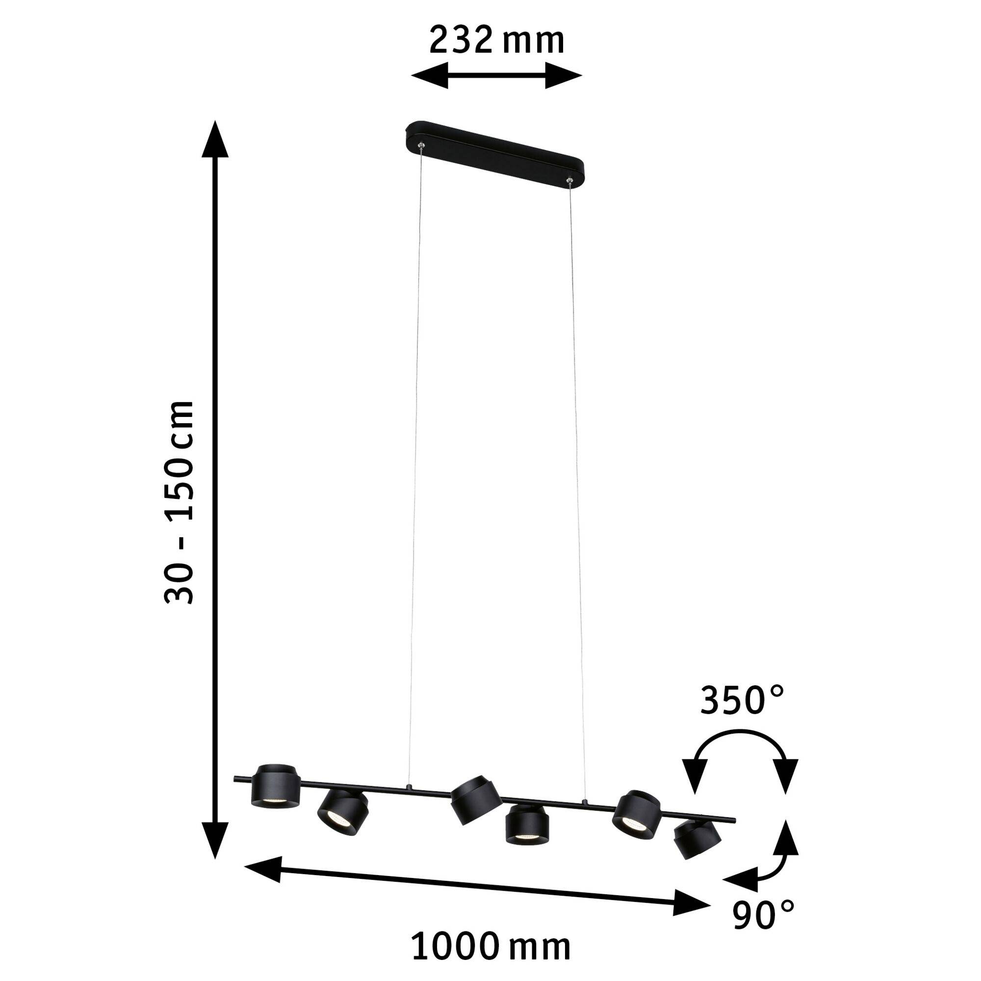 'Suspension lumineuse noire avec six spots réglables. Hauteur : 30-150 cm, Largeur : 1000 mm. Angle de rotation : 350°, Angle d'inclinaison : 90°.'