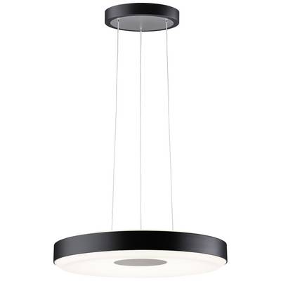 Un luminaire suspendu moderne, rond, avec un bord noir et quatre câbles fins qui le maintiennent au plafond. Il éclaire intensément.