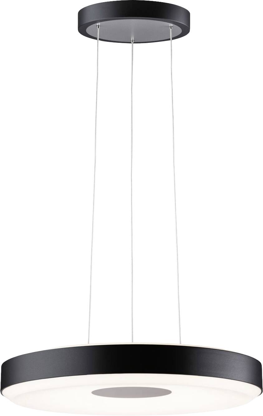 Une lampe suspendue moderne, ronde, avec un cadre noir et un diffuseur blanc, suspendue par quatre câbles fins.