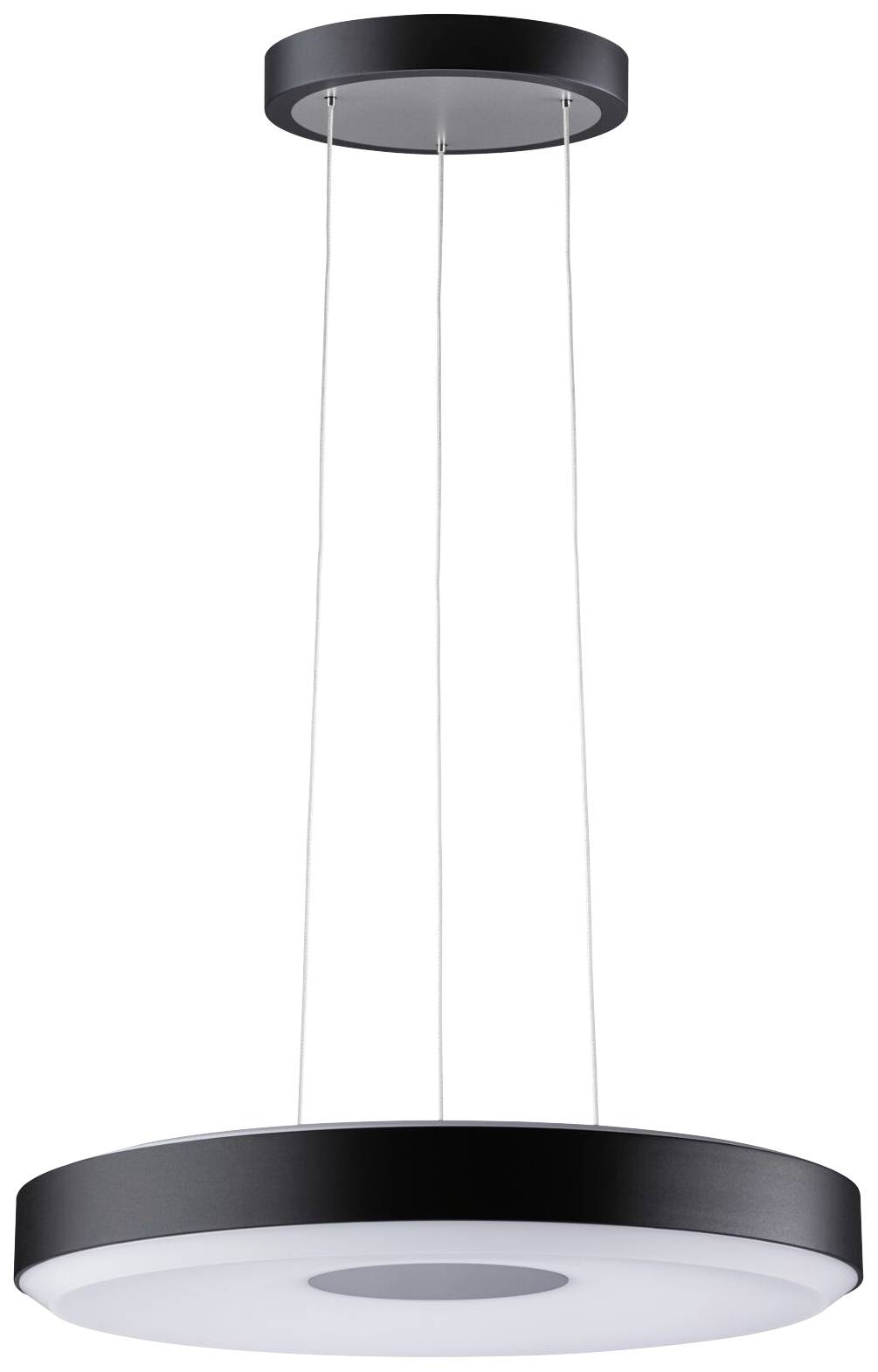 Lampe de plafond noire, ronde, avec surface lumineuse LED et trois câbles fins pour la suspension.