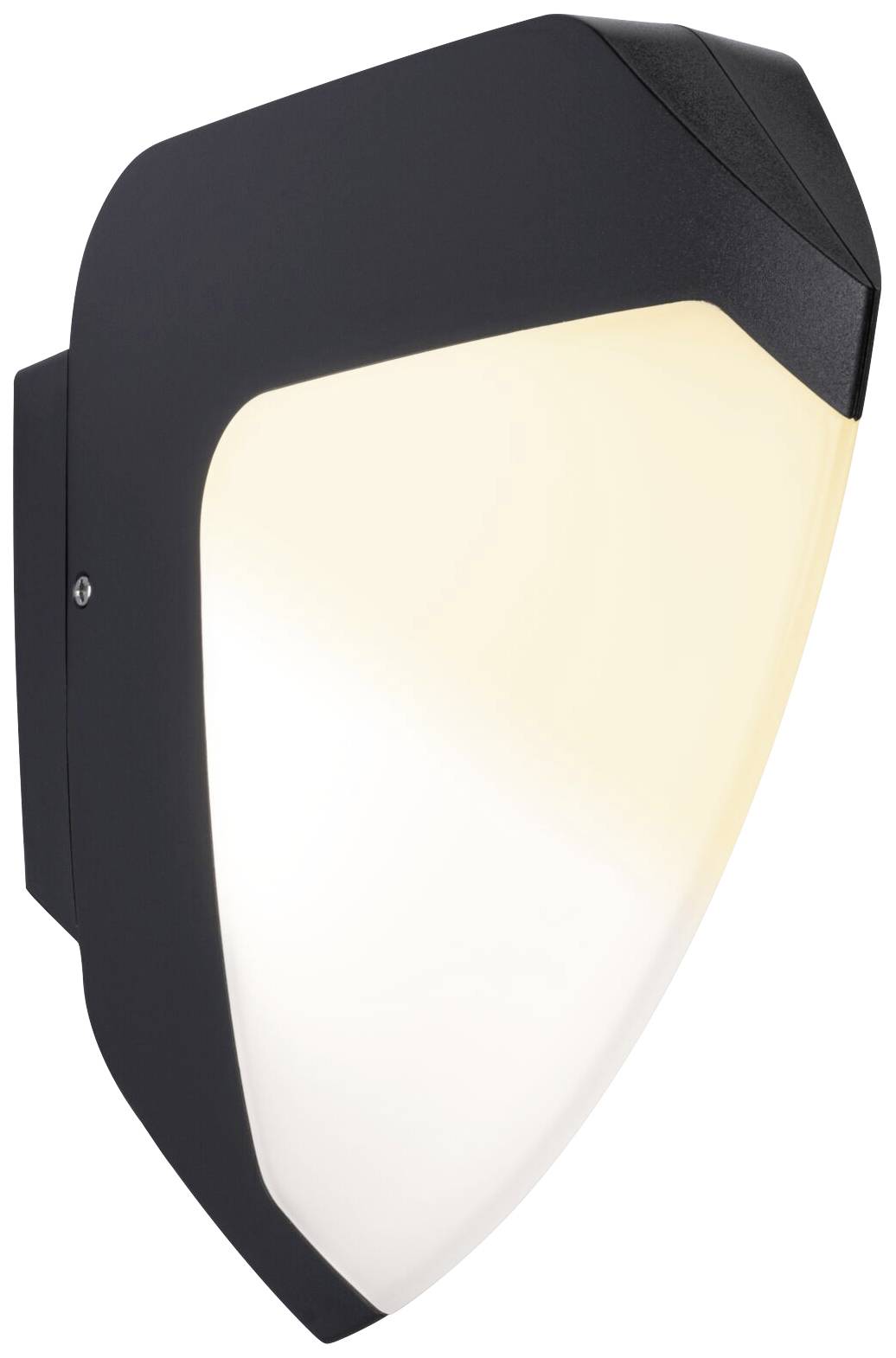 Un luminaire mural moderne avec un boîtier noir et un verre incurvé et givré qui diffuse une lumière douce.