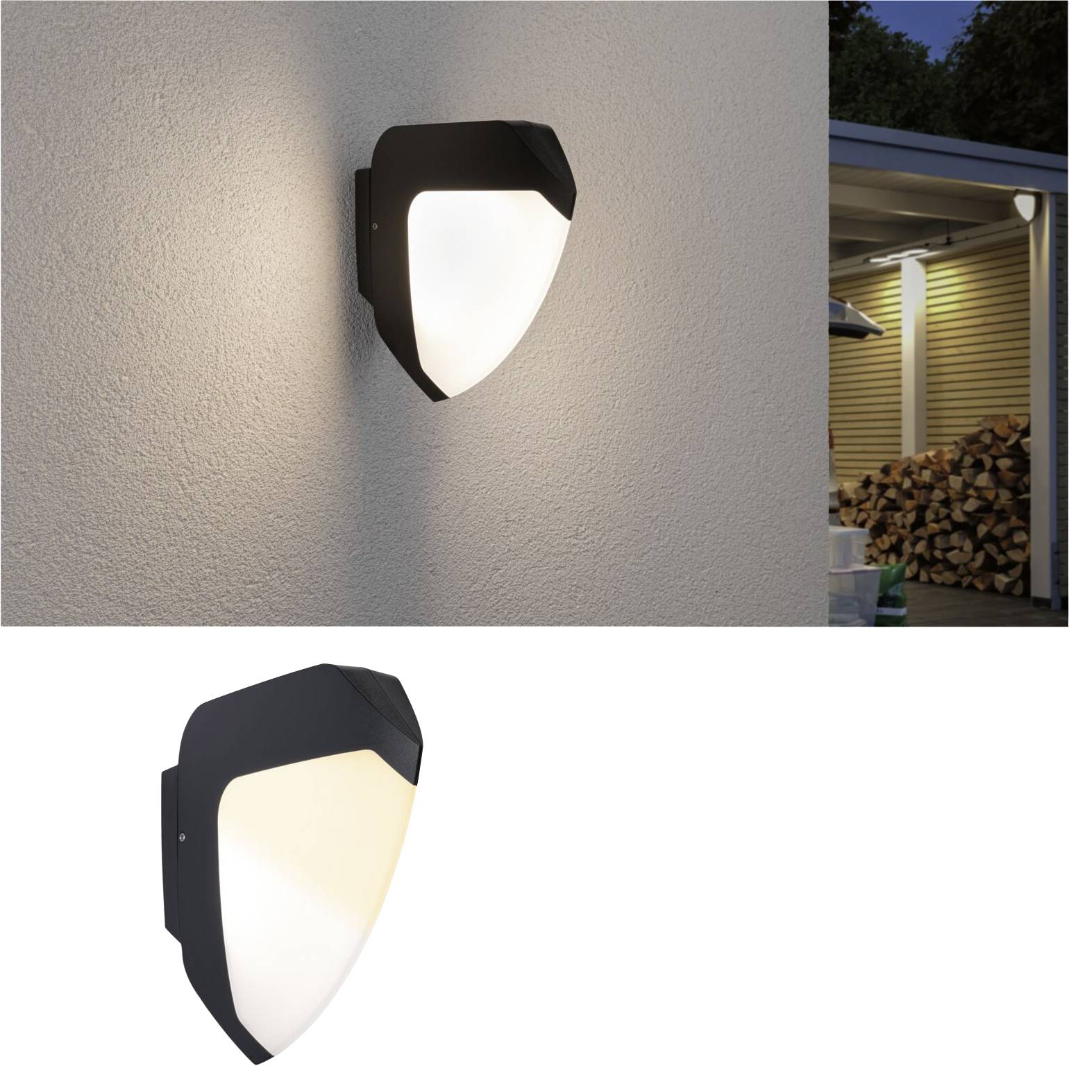 Applique extérieure montée sur un mur de maison, avec un boîtier noir et une forme moderne en demi-lune, émettant une lumière blanc chaud.
