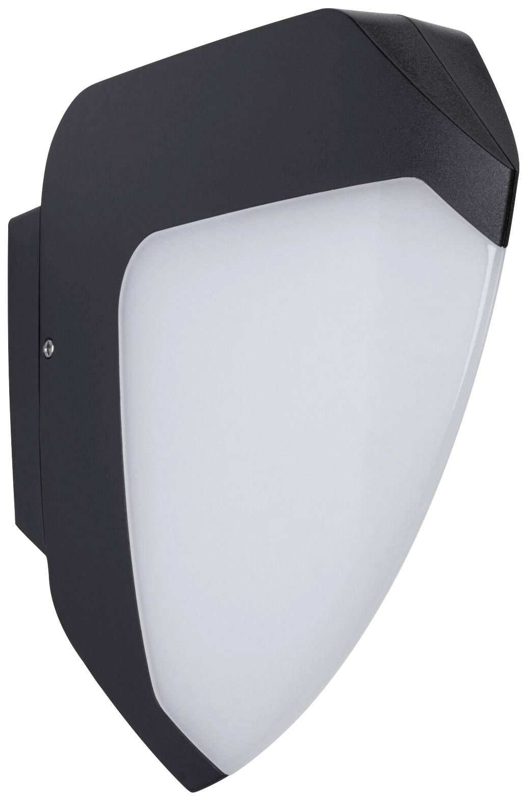 Applique murale extérieure moderne noire en forme de bouclier, avec une zone lumineuse blanche mi-transparente.