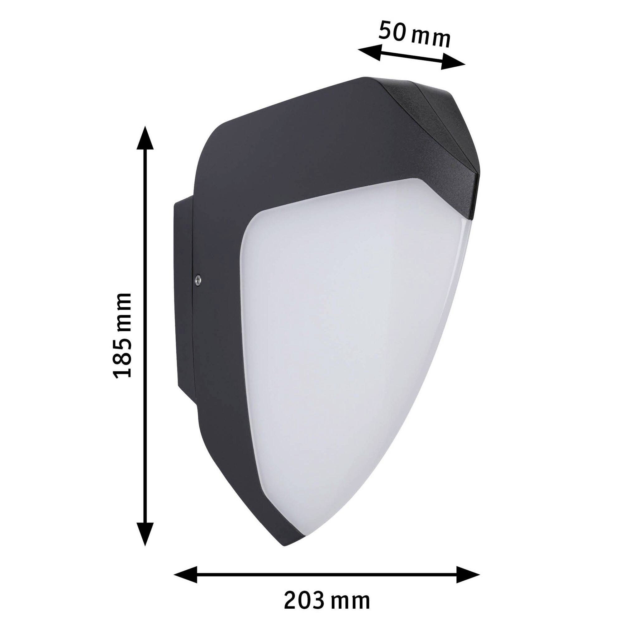 Applique murale avec boîtier noir et diffuseur blanc, dimensions : 185 mm de hauteur, 203 mm de largeur, 50 mm de profondeur.