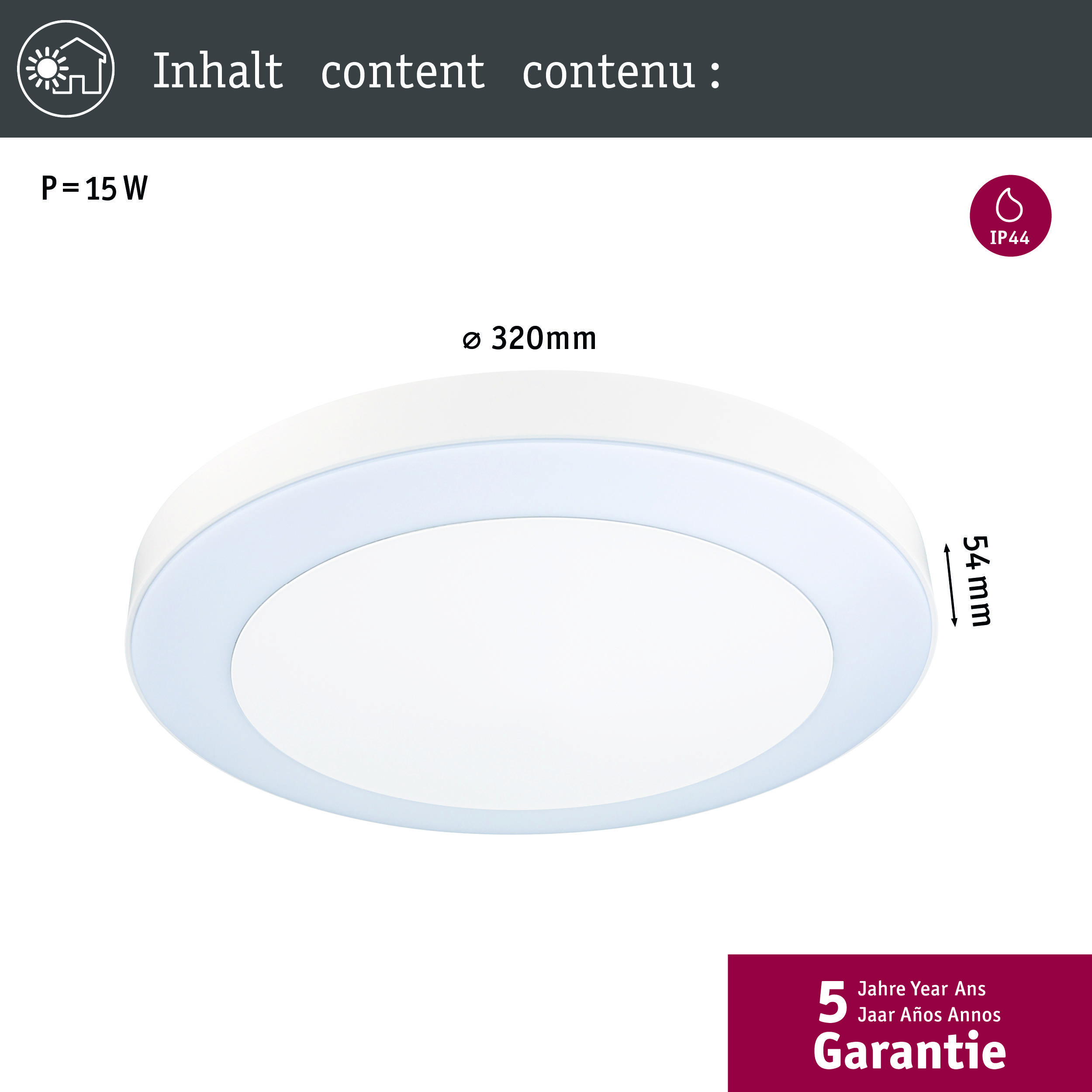 Plafonnier LED rond, 15W, diamètre 320mm, hauteur 54mm, indice de protection IP44, avec 5 ans de garantie.