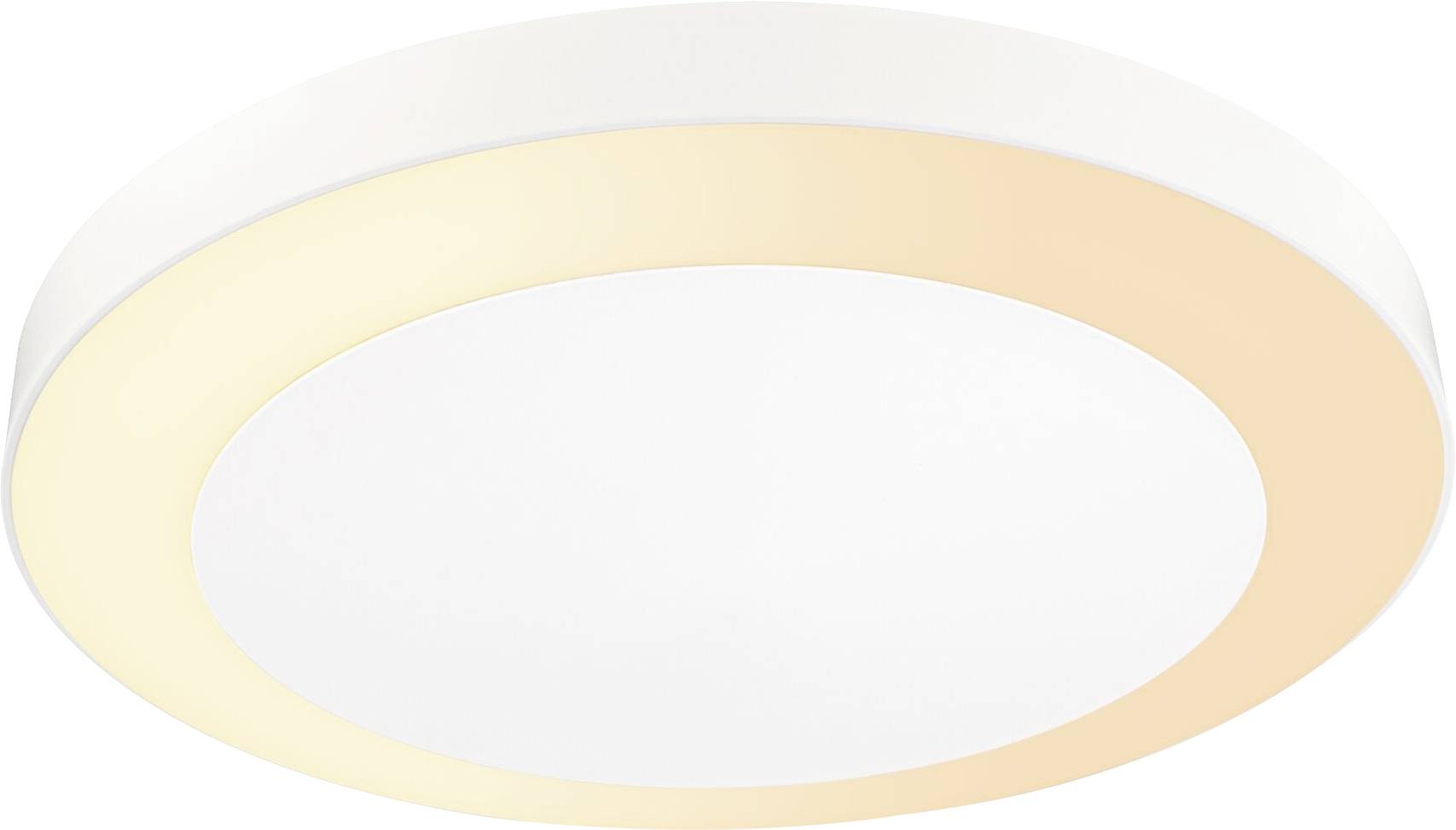 Plafonnier LED rond et plat au design moderne. L'anneau extérieur s'illumine dans une teinte jaune chaleureuse, tandis que le cercle intérieur est blanc.