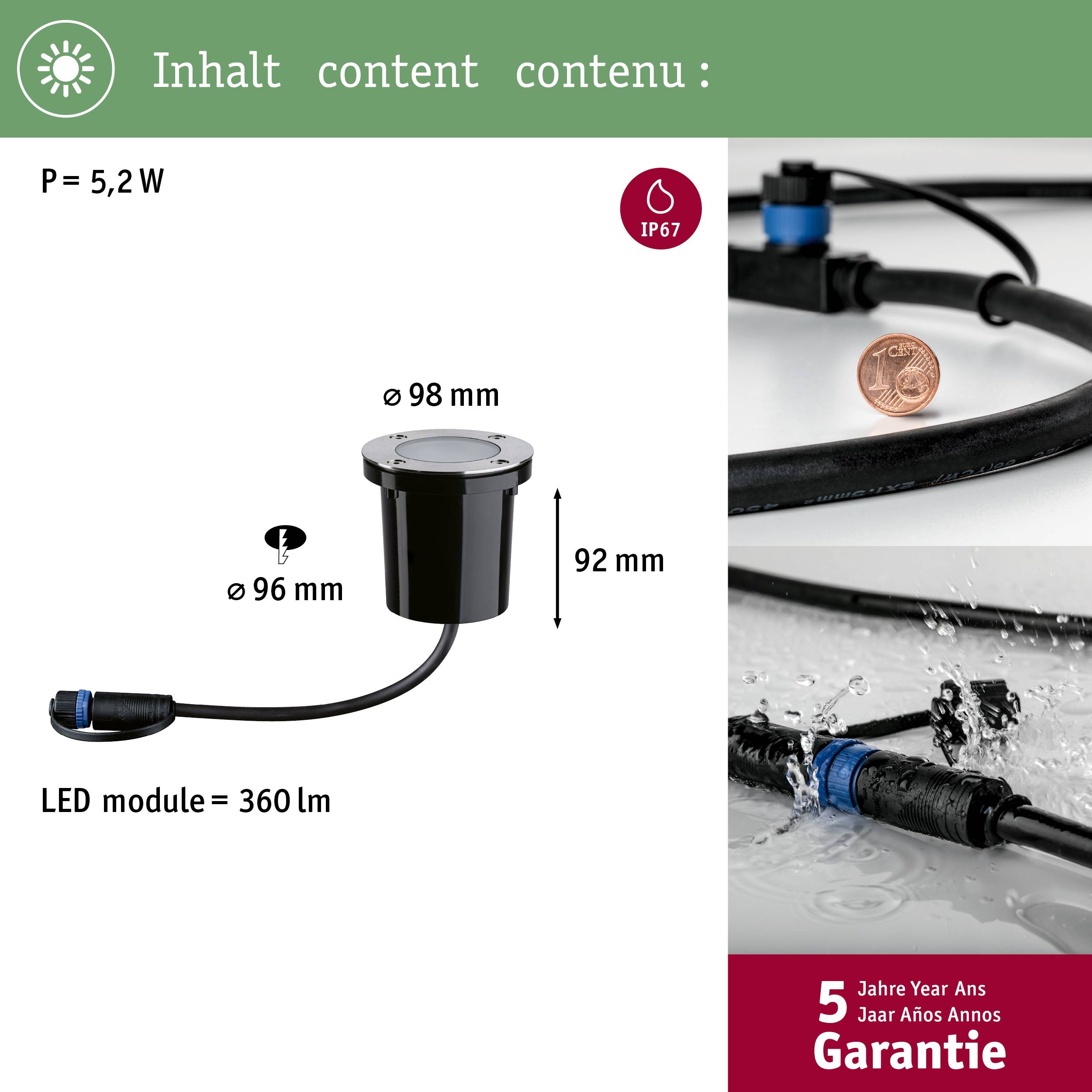 'Luminaire encastré de sol à LED intégré, 5,2 W, ø 98 mm, hauteur 92 mm, protection IP67. 5 ans de garantie.'