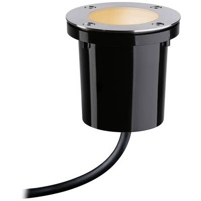 Projecteur encastré de sol avec cadre circulaire en acier inoxydable et éclairage LED intégré, raccordé par câble. Adapté pour l'éclairage extérieur.