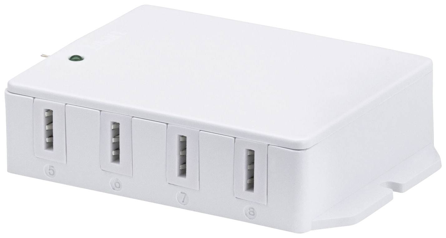 Un appareil électronique blanc doté de quatre ports USB à l'avant et d'un petit voyant lumineux vert sur le dessus.