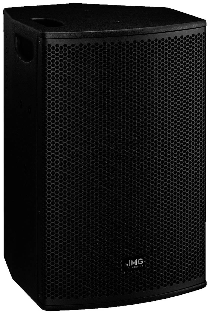 Un haut-parleur noir au design rectangulaire, avec des coins arrondis et une grille à l'avant. Une poignée est située en haut.