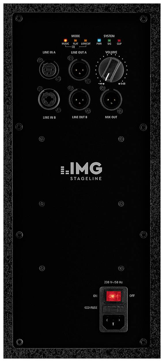 Face arrière d'un amplificateur IMG StageLine avec plusieurs connexions audio et un interrupteur secteur.