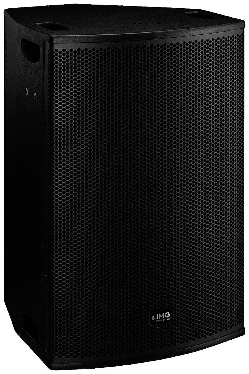 Haut-parleurs en noir avec motif de grille et logo « IMG » sur la face inférieure.