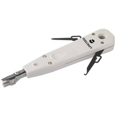 Un outil d'installation réseau blanc de Toolcraft avec des lames aux deux extrémités, utilisé pour couper et guider les câbles.