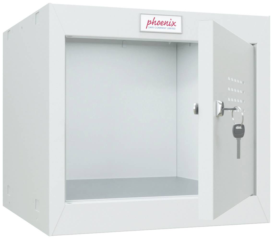 Un casier ouvert, gris, rectangulaire avec une clé dans la serrure. À l'intérieur, il est vide. Au-dessus, le logo 'phoenix' est inscrit.