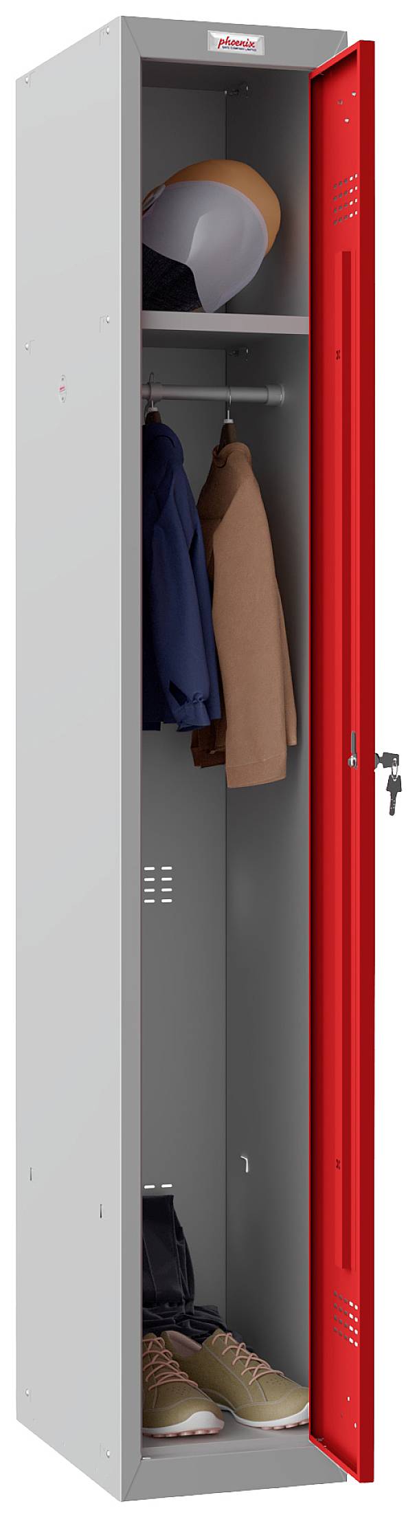 'Un casier gris ouvert avec une porte rouge. Un casque est posé sur le dessus, deux vestes sont suspendues en dessous, et des chaussures de sport sont rangées en bas.'
