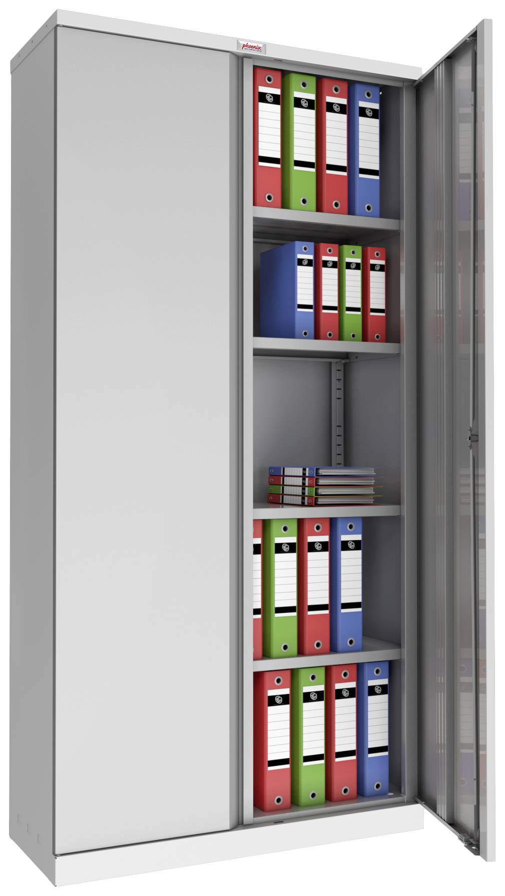 Un classeur gris avec une porte ouverte, révélant des dossiers colorés et des livres empilés sur les étagères.