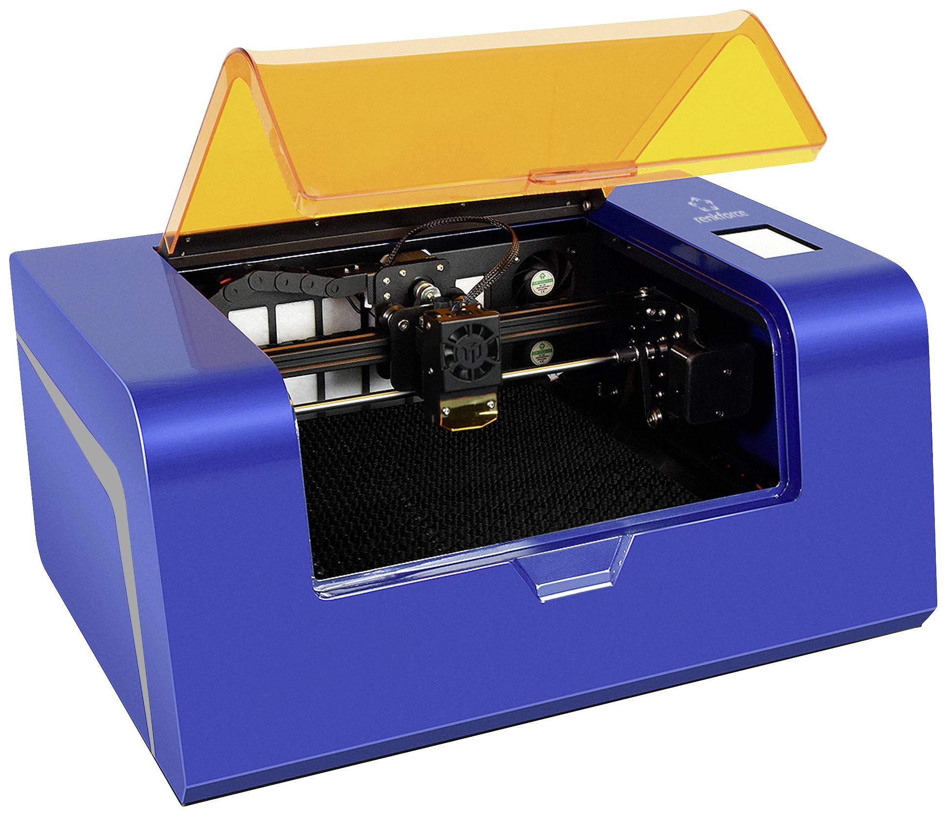 Un graveur laser bleu à couvercle ouvert révèle son mécanisme interne. Un capot orange est visible en haut de l'appareil.