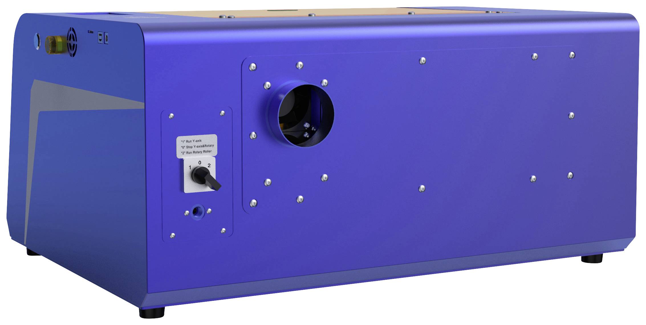 Un appareil bleu rectangulaire avec un orifice circulaire et plusieurs vis de fixation sur un côté.