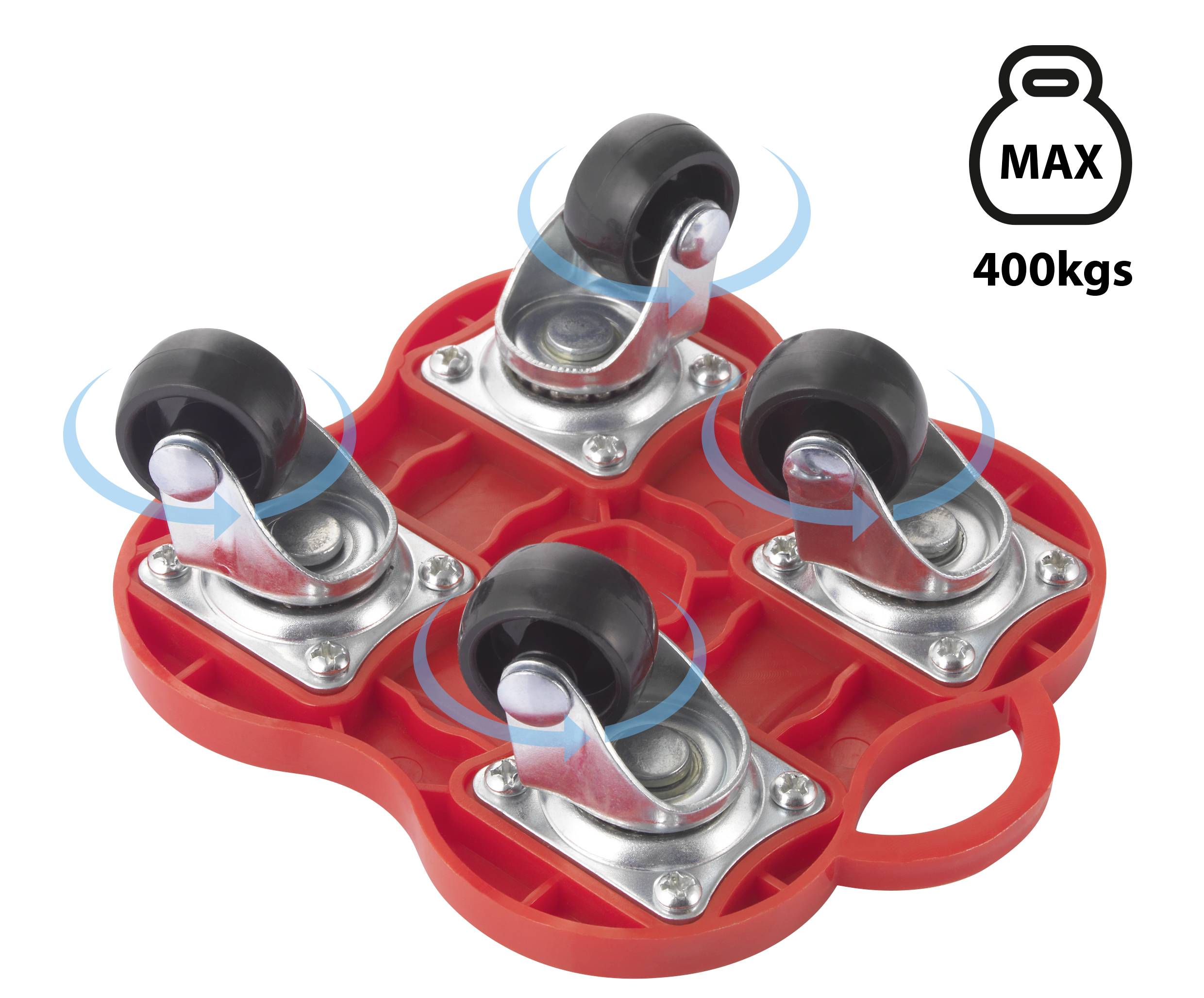 Chariot de transport rouge à quatre roues pivotantes, adapté pour des charges allant jusqu'à 400 kg, avec un symbole de poids portant l'inscription 'MAX 400 kg'.