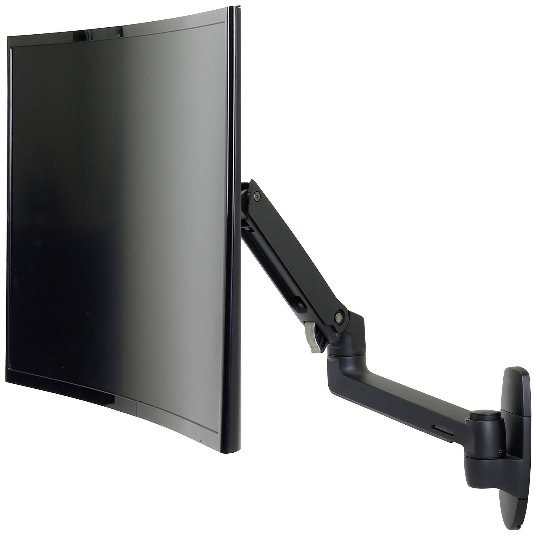 Un moniteur incurvé fixé sur un bras articulé flexible monté au mur.