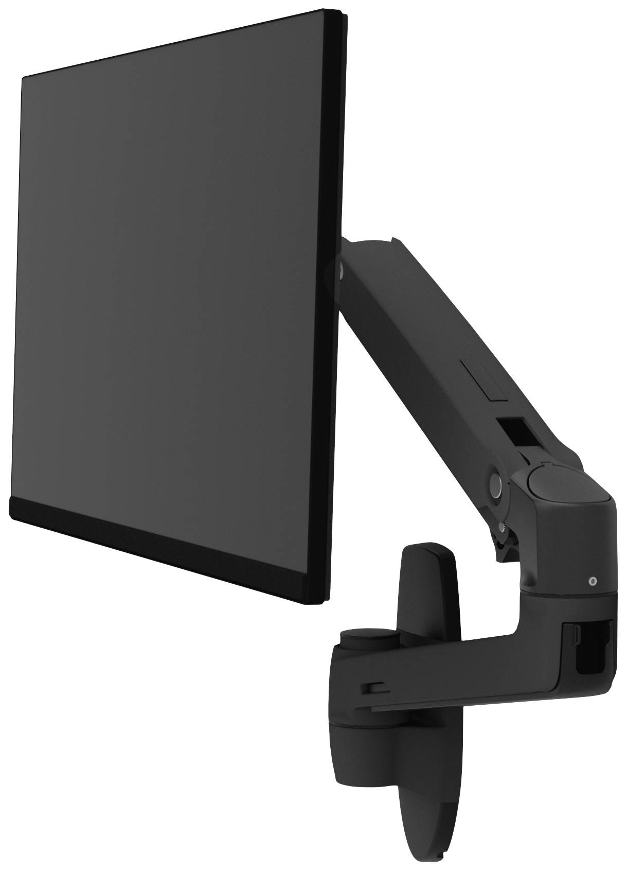 Moniteur plat monté sur un bras pivotant fixé à un support mural, idéal pour un positionnement flexible de l'écran.