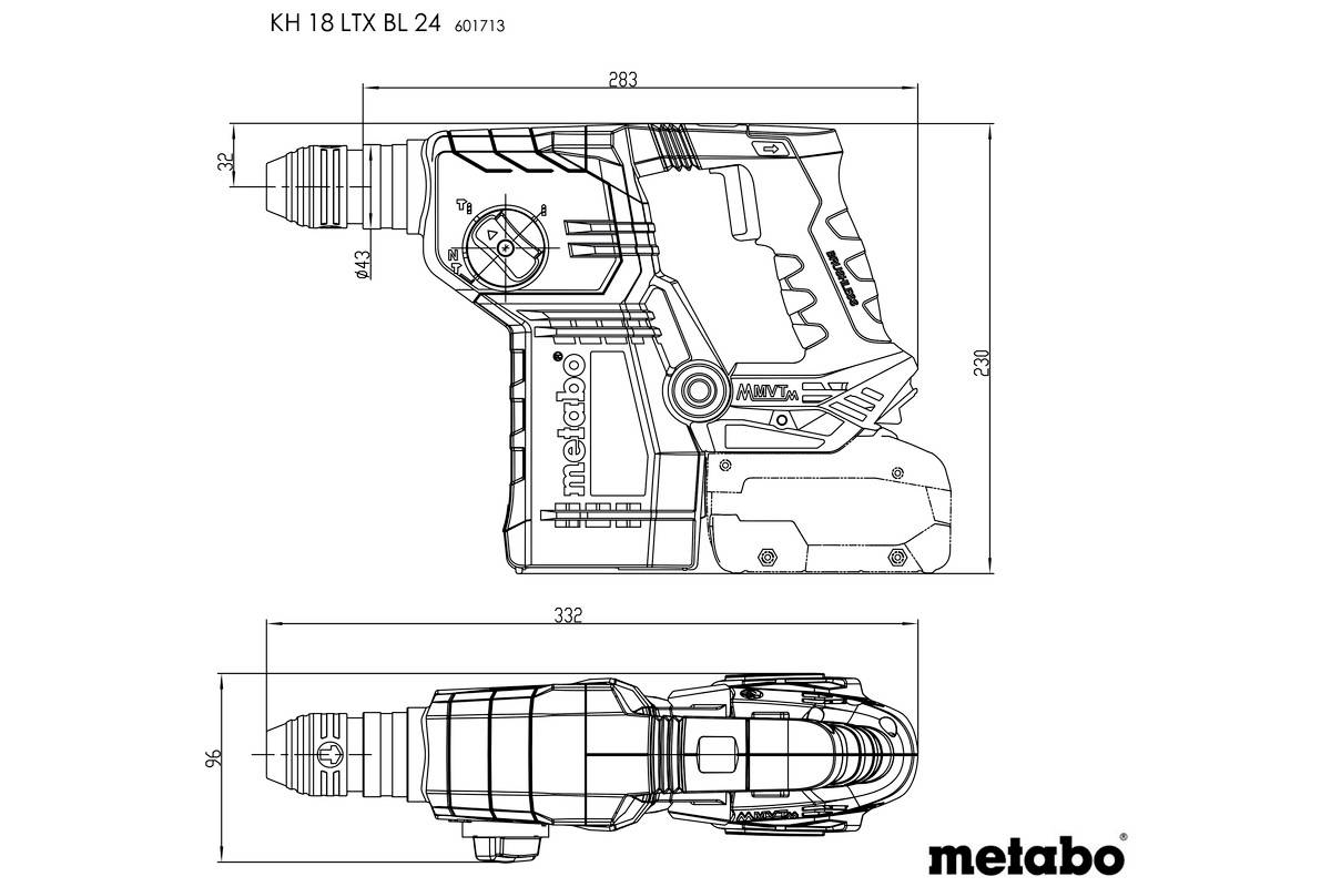 Esquisse d'un marteau perforateur sans fil Metabo, modèle 'KH 18 LTX BL 24', avec vue latérale et vue supérieure, dimensions incluses.
