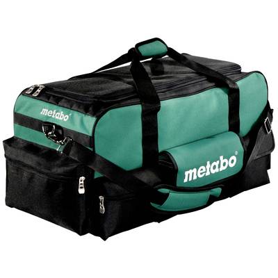 Sac à outils vert et noir avec fermetures à glissière et sangles de transport, logo de marque 'metabo' visible sur le côté.