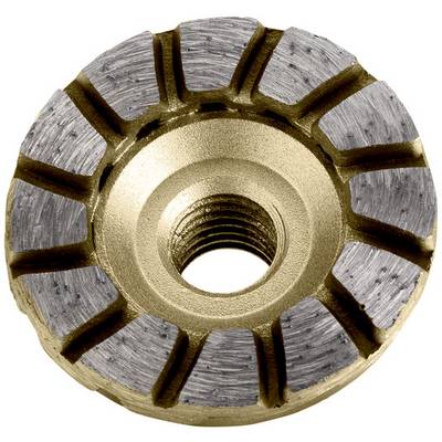 Meule de meulage en métal rond avec un trou central fileté et un bord extérieur abrasif segmenté, présentée sur un fond blanc.