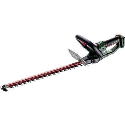 Taille-haie sans fil avec une longue lame rouge et un manche noir sur fond blanc.