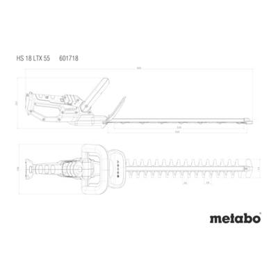 Dessin d'un taille-haie sur batterie Metabo HS 18 LTX 55, vue latérale et supérieure, montrant les dimensions et les détails de construction.