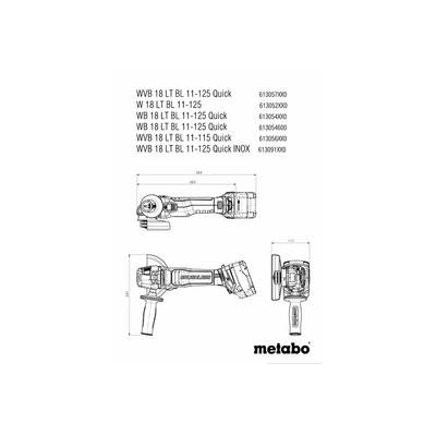 Dessin d'une meuleuse d'angle Metabo sous plusieurs perspectives avec numéros de modèle : WB 18 LT BL 11-125 Quick, WB 18 LT BL 11-115 Quick. Conçue pour des travaux de coupe et de meulage précis.