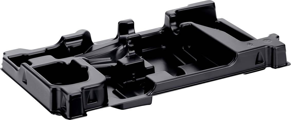 Plateau ou support automobile en plastique noir avec plusieurs compartiments encastrés et languettes de montage, présenté sur fond blanc.
