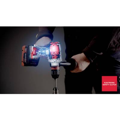 Une personne tient une perceuse avec un boîtier ouvert, révélant sa mécanique interne. En bas à droite, on peut lire « Electronic Safety Clutch ».