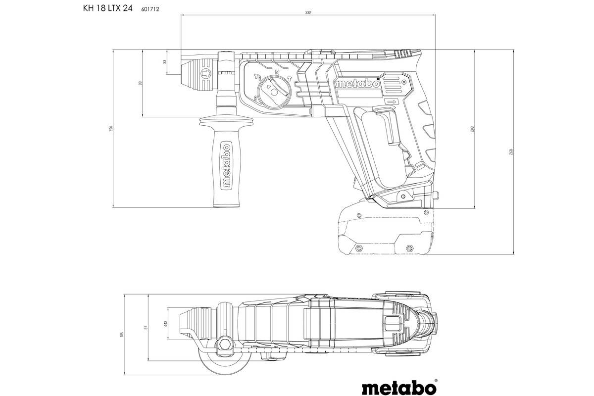 'Plan technique d'un marteau perforateur Metabo KH 18 LTX 24', vue latérale et vue supérieure avec dimensions et annotations de détails.