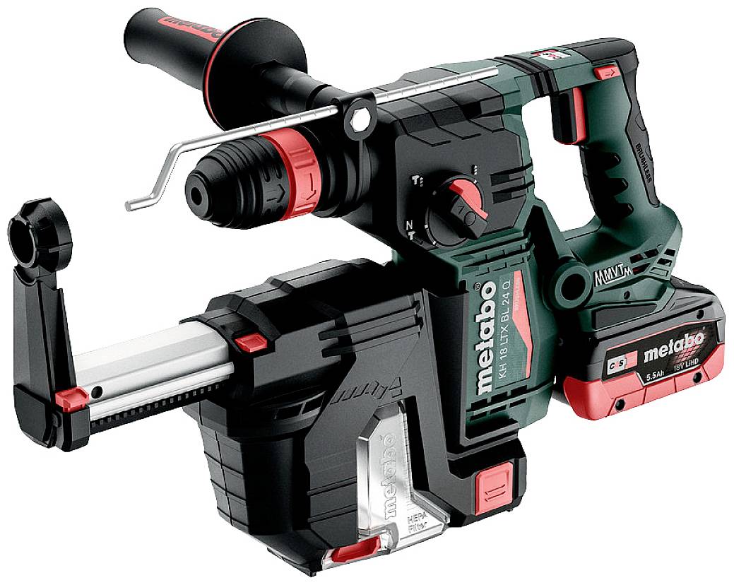 Un marteau perforateur sans fil Metabo au design rouge et noir, adapté aux travaux de construction lourds et aux rénovations.