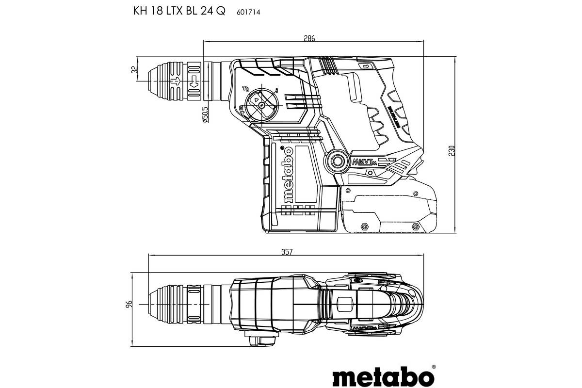 Dessin technique d'un marteau perforateur Metabo 'KH 18 LTX BL 24 Q'. Vue latérale et frontale détaillée avec dimensions.