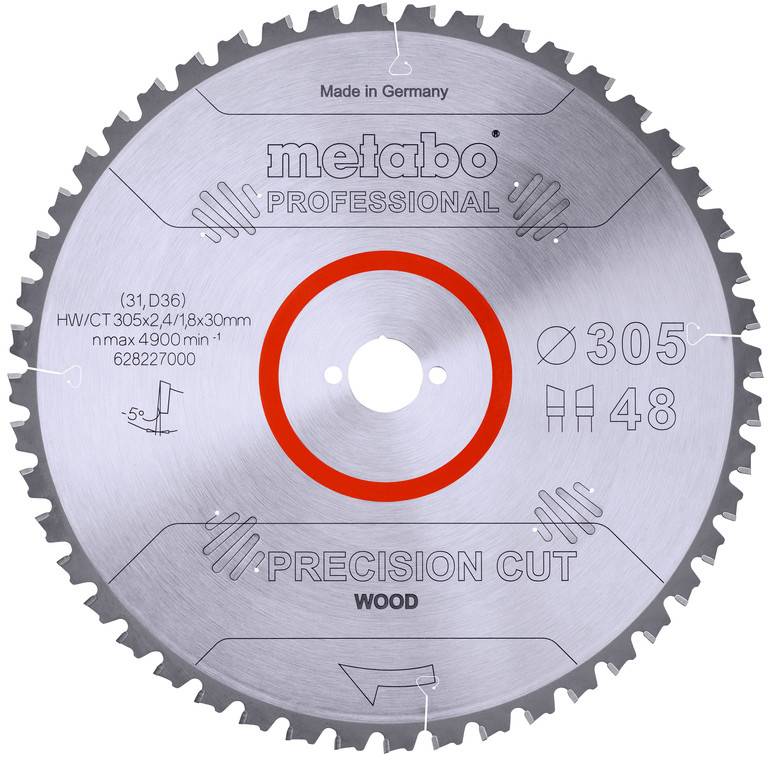 Lame de scie circulaire Metabo Professional de précision pour couper le bois, marquée Ø305 et 48 dents, fabriquée en Allemagne.