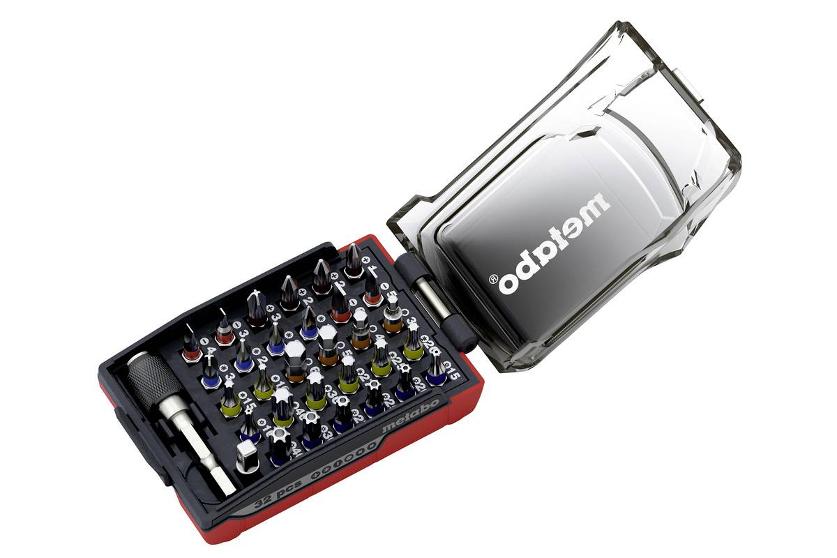 Coffret de 43 embouts de tournevis et accessoires dans un boîtier Metabo ouvert, présentant divers types et tailles d'embouts.