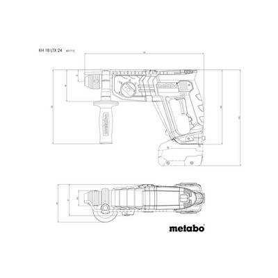 Design d'outil électrique 'Metabo', vue latérale et avant avec spécifications techniques et logo du fabricant.
