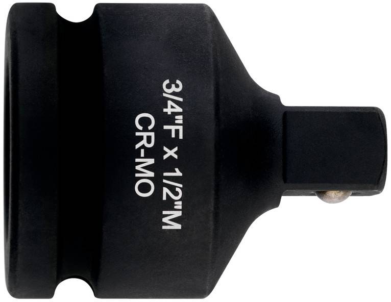 Adaptateur de socket en CR-MO noir 3/4 pouces femelle x 1/2 pouce mâle sur fond blanc.