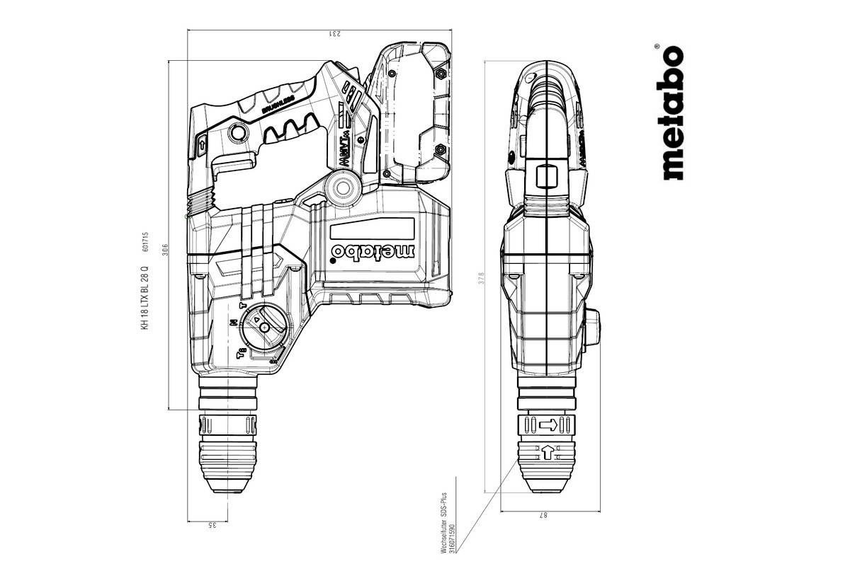 Dessin technique d'un outil électrique Metabo, présentant les vues de face et de côté, mettant en évidence les caractéristiques de conception, avec ses dimensions.