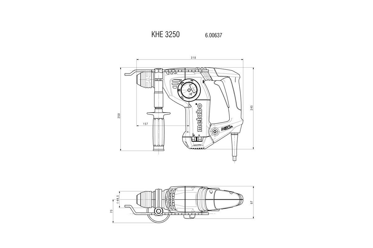 Dessin technique d'un marteau-piqueur portant la désignation 'KHE 3250' et mesurant 336 mm de long et 212 mm de haut, vue de face et vue latérale.