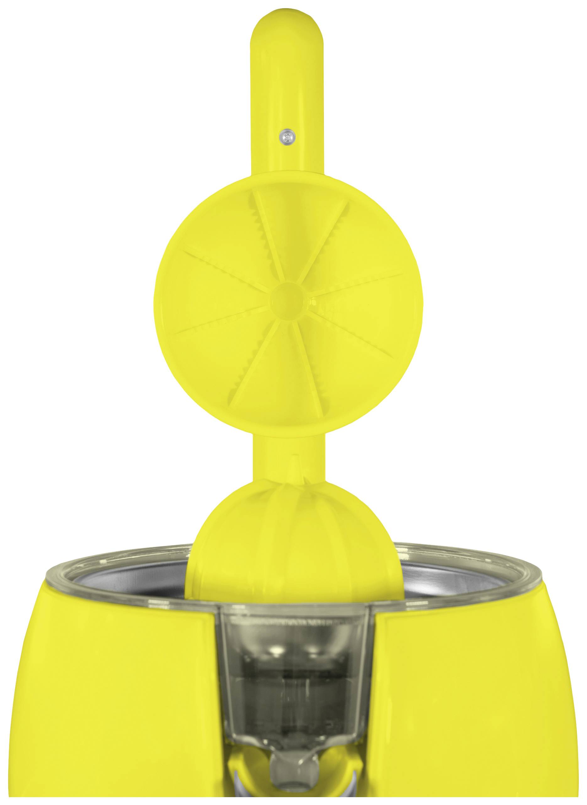 Une presse-agrumes jaune avec couvercle ouvert et dispositif de pressage amovible, prête à presser des agrumes.