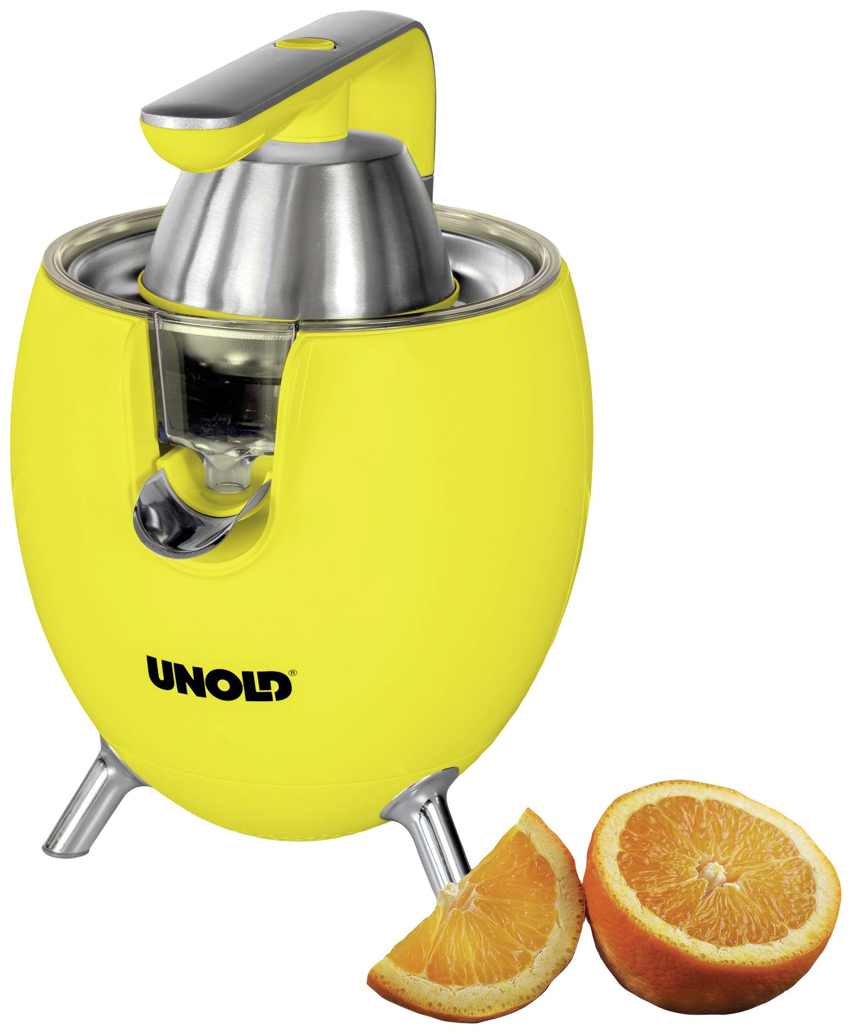 Presse-agrumes électrique jaune avec pressoir en métal, logo de marque 'Unold'. À côté, deux moitiés d'orange sont posées.