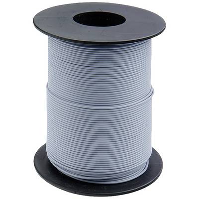 Bobine avec câble électrique gris, enroulé sur un mandrin noir en plastique.