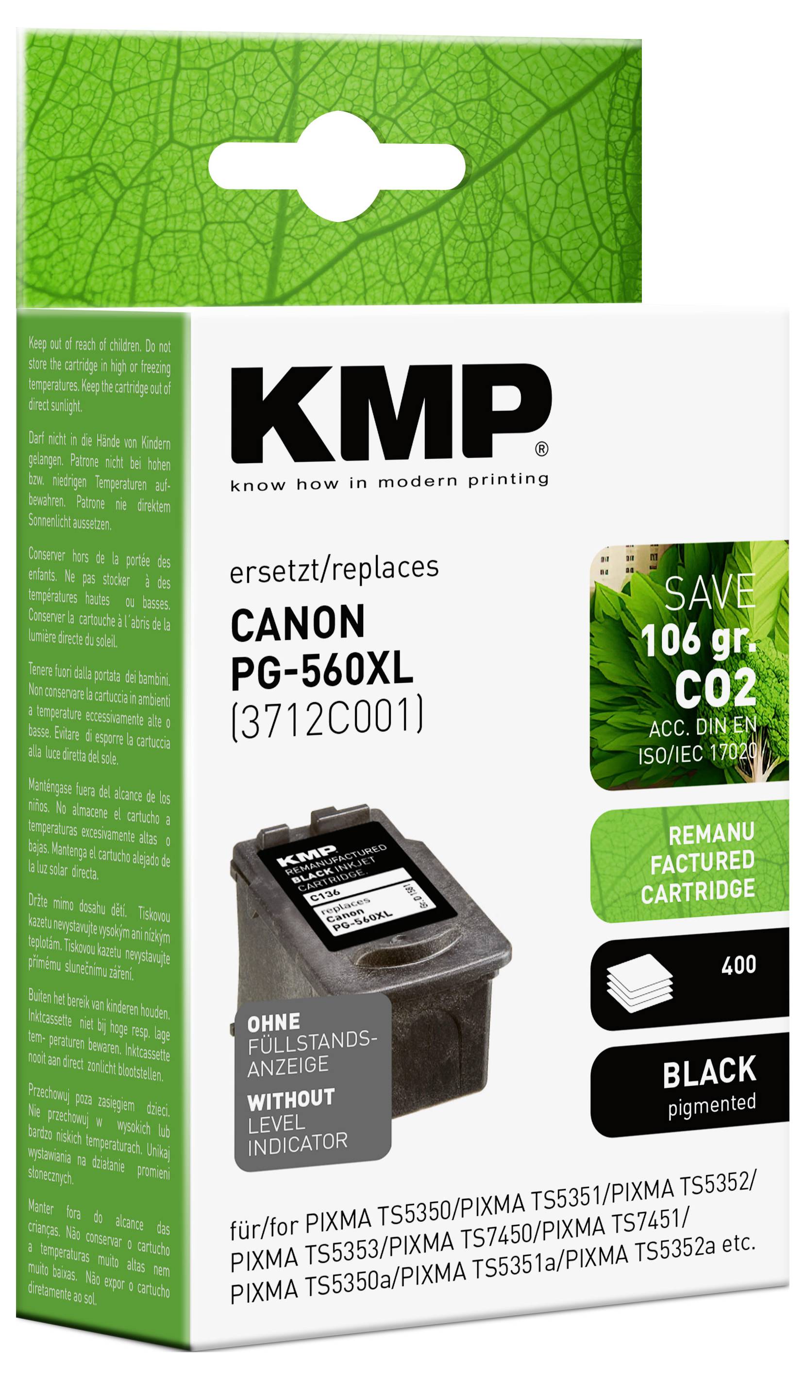 Cartouche d'encre noire rechargée Canon PG-560XL. Compatible avec les imprimantes PIXMA, économise 106g de CO2, rendement de 400 pages.
