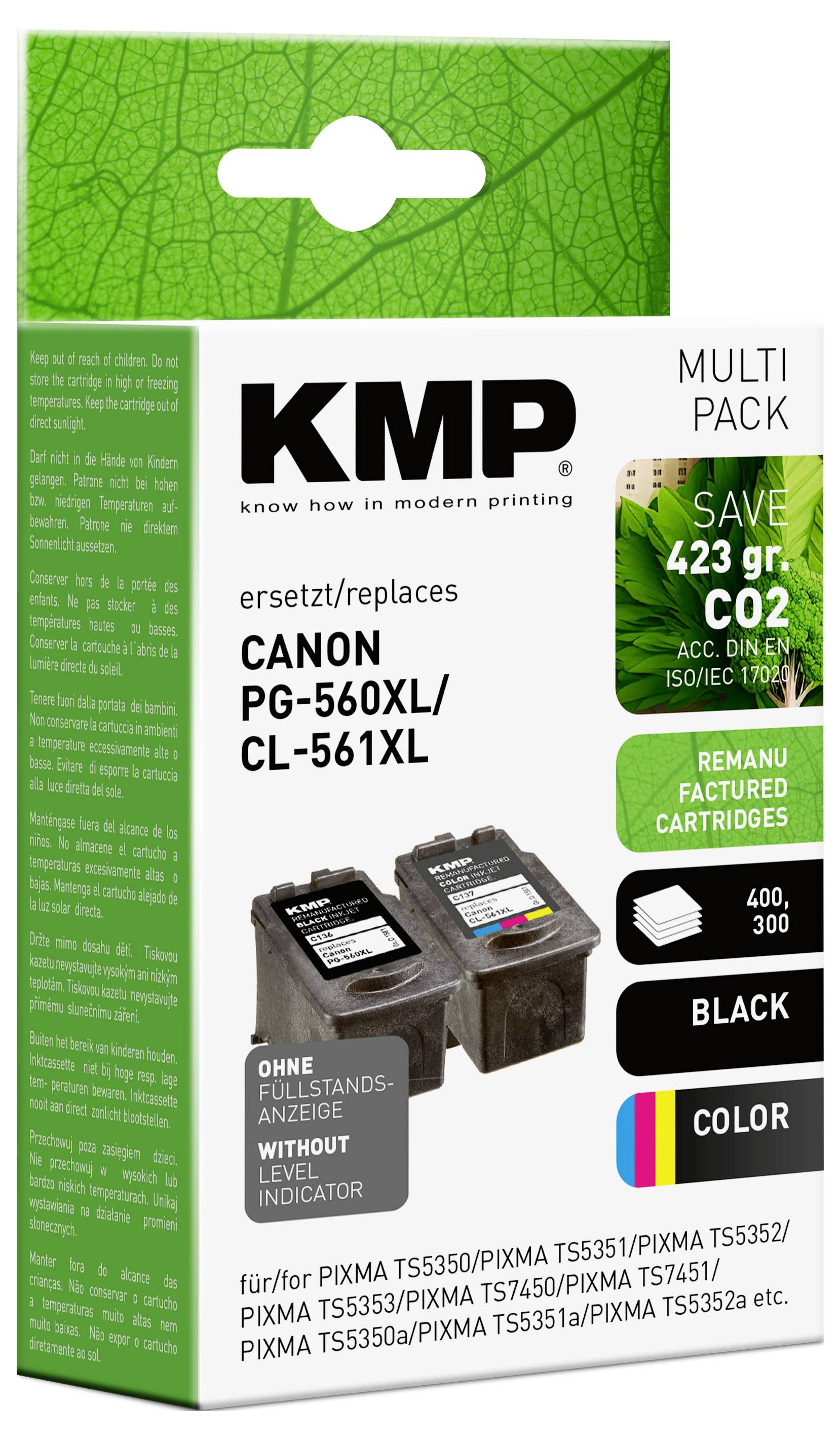 Cartouches d'encre multipack KMP compatibles avec Canon PG-560XL/CL-561XL. Comprend des cartouches noires et couleur. Emballage écologique.