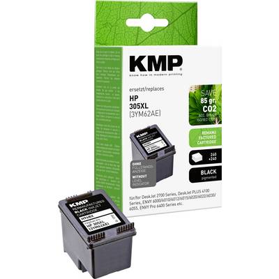Boîte de cartouche d'encre noire 'KMP HP 305XL' avec détails du produit, mettant en évidence 'Économisez 85g de CO2', adaptée aux imprimantes HP, notamment la série DeskJet.