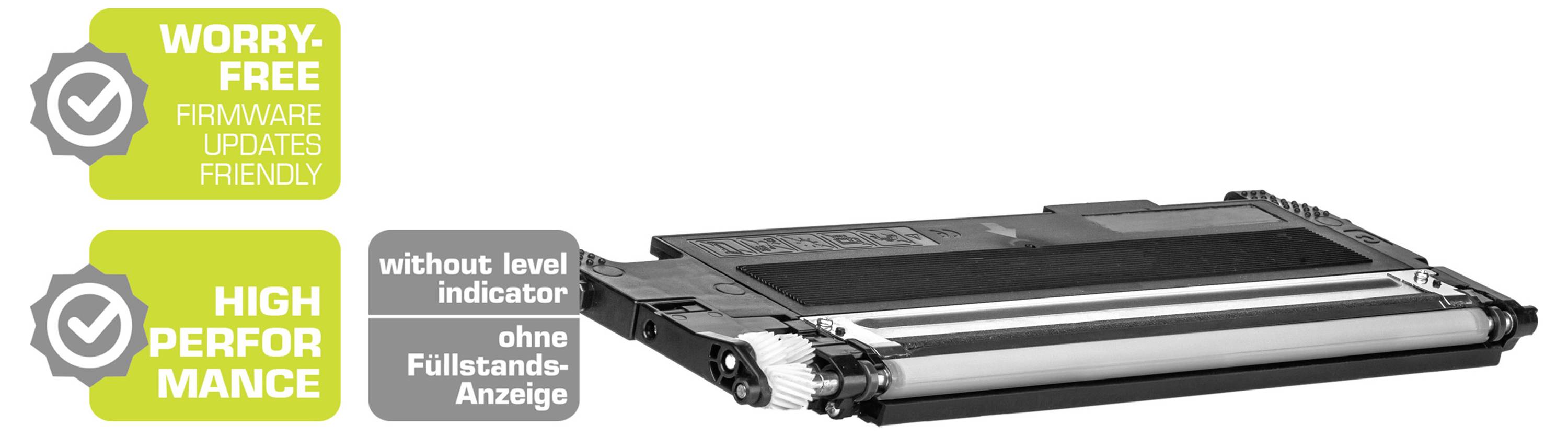 Cartouche de toner noir avec garantie et badges de performance, étiquetée comme sans souci, compatible avec les mises à jour firmware, et haute performance, plus « sans indicateur de niveau » et « sans indicateur de remplissage ».