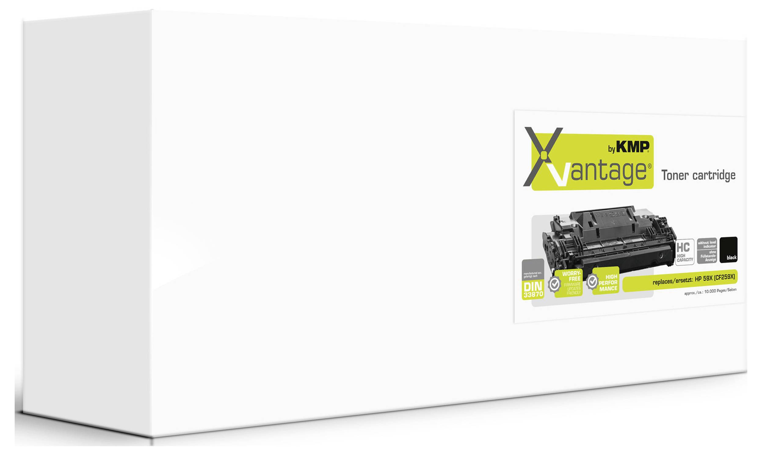 Boîte de cartouche de toner blanc avec une petite étiquette « X Vantage by KMP » sur le devant, présentée dans une vue d'emballage produit simple.
